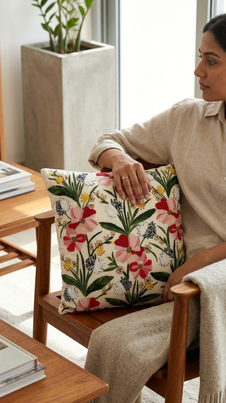 Ivory Botanical Hand Embroidered Cushion Cover — 18x18, Red Cotton Back