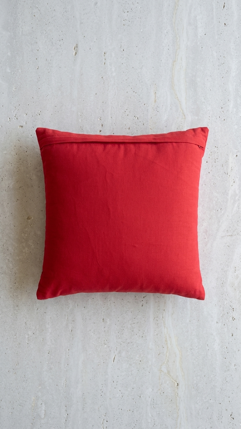 Ivory Botanical Hand Embroidered Cushion Cover — 18x18, Red Cotton Back