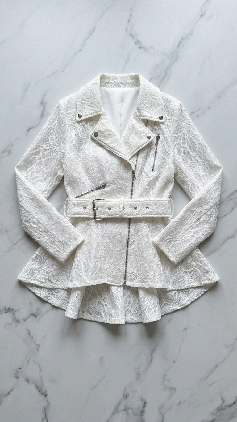 Ivory Lace Moto Jacket — Peplum Hem, Belted, Silver Hardware