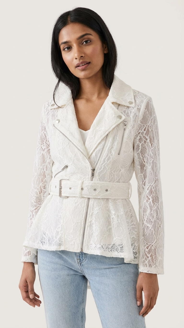Ivory Lace Moto Jacket — Peplum Hem, Belted, Silver Hardware