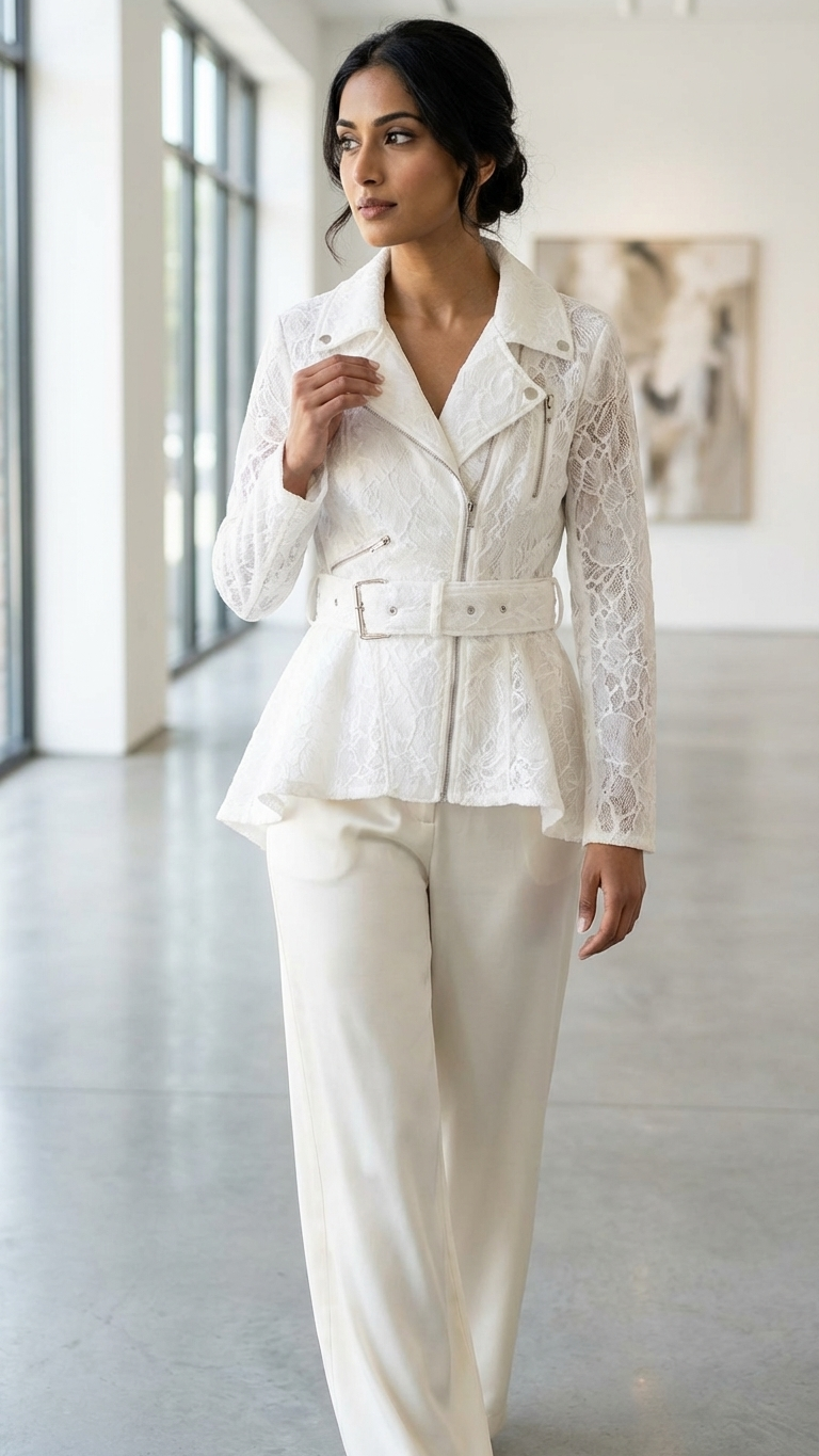Ivory Lace Moto Jacket — Peplum Hem, Belted, Silver Hardware