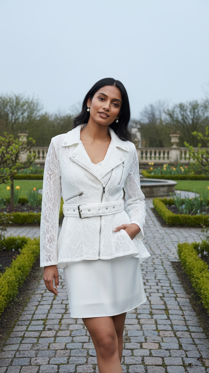 Ivory Lace Moto Jacket — Peplum Hem, Belted, Silver Hardware