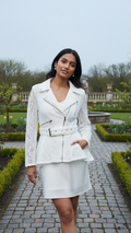 Ivory Lace Moto Jacket — Peplum Hem, Belted, Silver Hardware