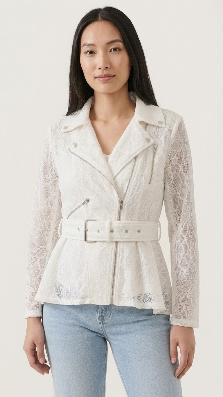 Ivory Lace Moto Jacket — Peplum Hem, Belted, Silver Hardware