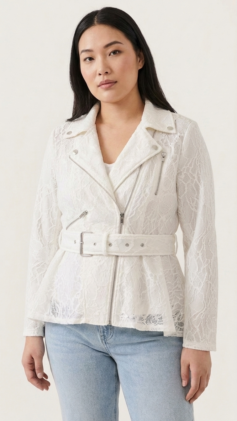 Ivory Lace Moto Jacket — Peplum Hem, Belted, Silver Hardware