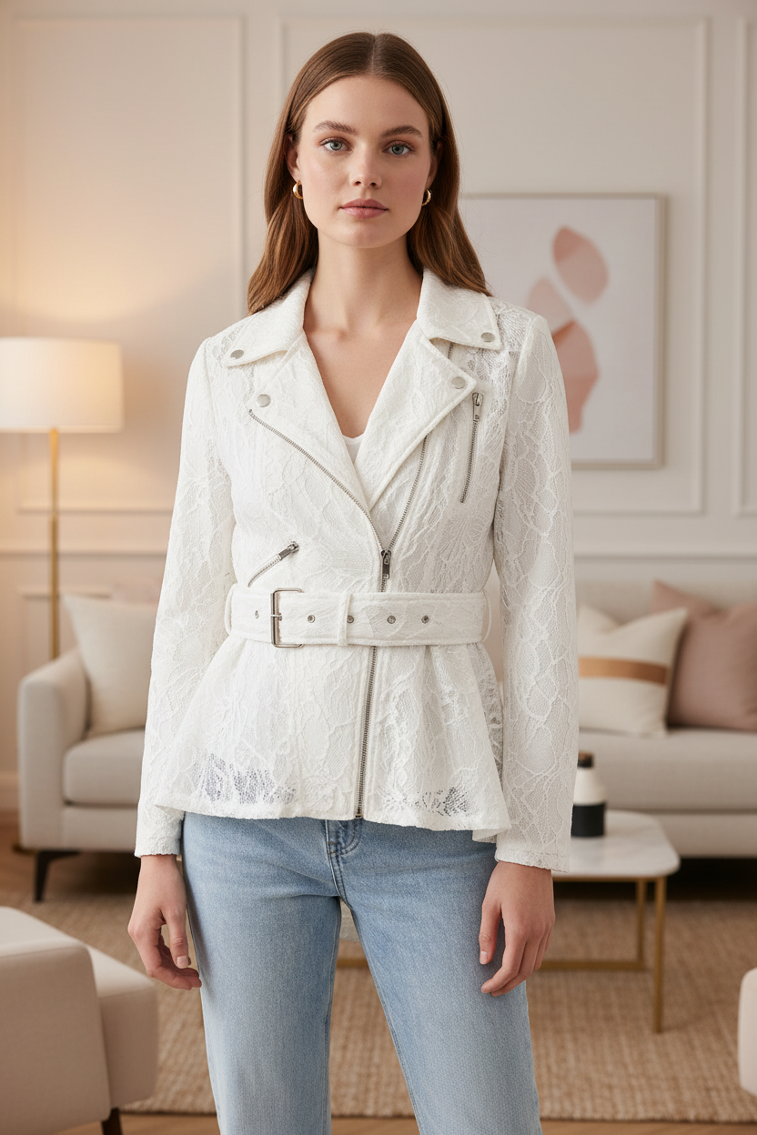 Ivory Lace Moto Jacket — Peplum Hem, Belted, Silver Hardware