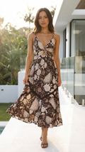 Botanical Twist-Front Maxi Dress — Chocolate Floral Print