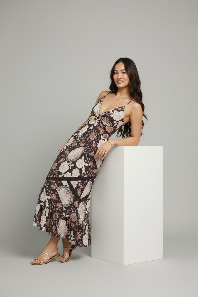 Botanical Twist-Front Maxi Dress — Chocolate Floral Print