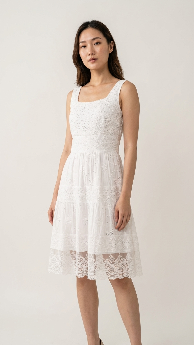 Creamish White Eyelet Lace Tiered Midi Dress — Viscose, One Size |