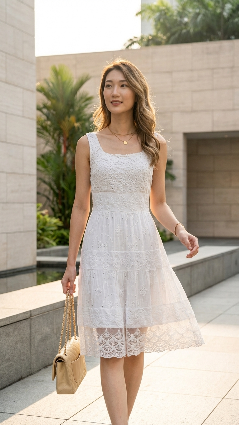 Creamish White Eyelet Lace Tiered Midi Dress — Viscose, One Size |