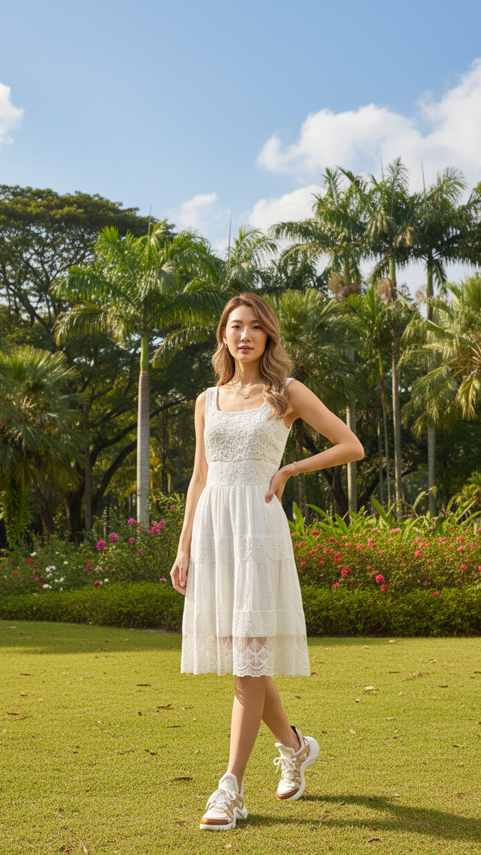 Creamish White Eyelet Lace Tiered Midi Dress — Viscose, One Size |