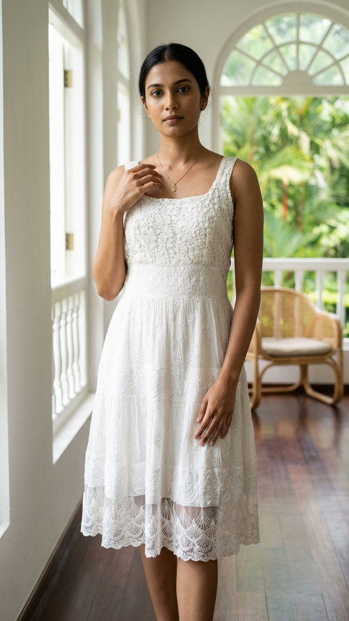 Creamish White Eyelet Lace Tiered Midi Dress — Viscose, One Size |