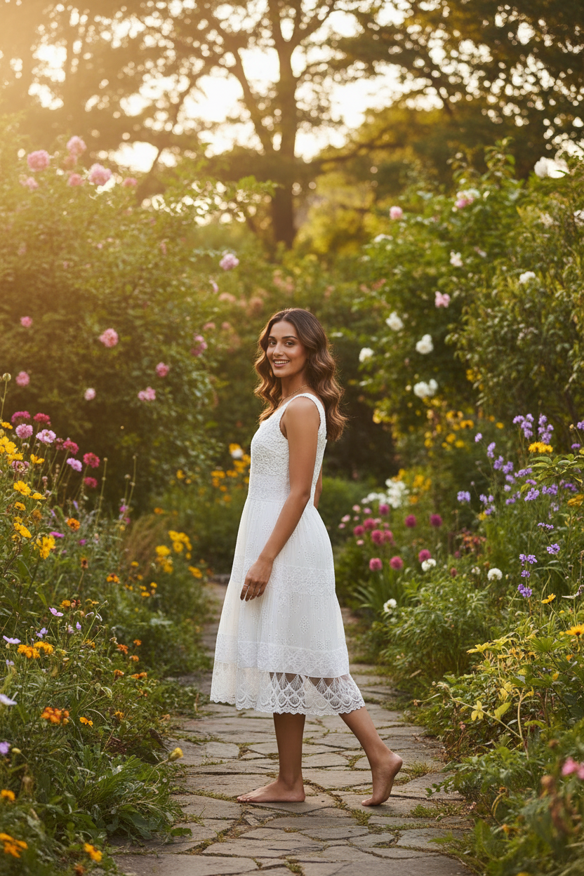 Creamish White Eyelet Lace Tiered Midi Dress — Viscose, One Size |