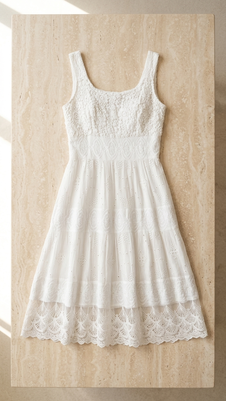 Creamish White Eyelet Lace Tiered Midi Dress — Viscose, One Size |