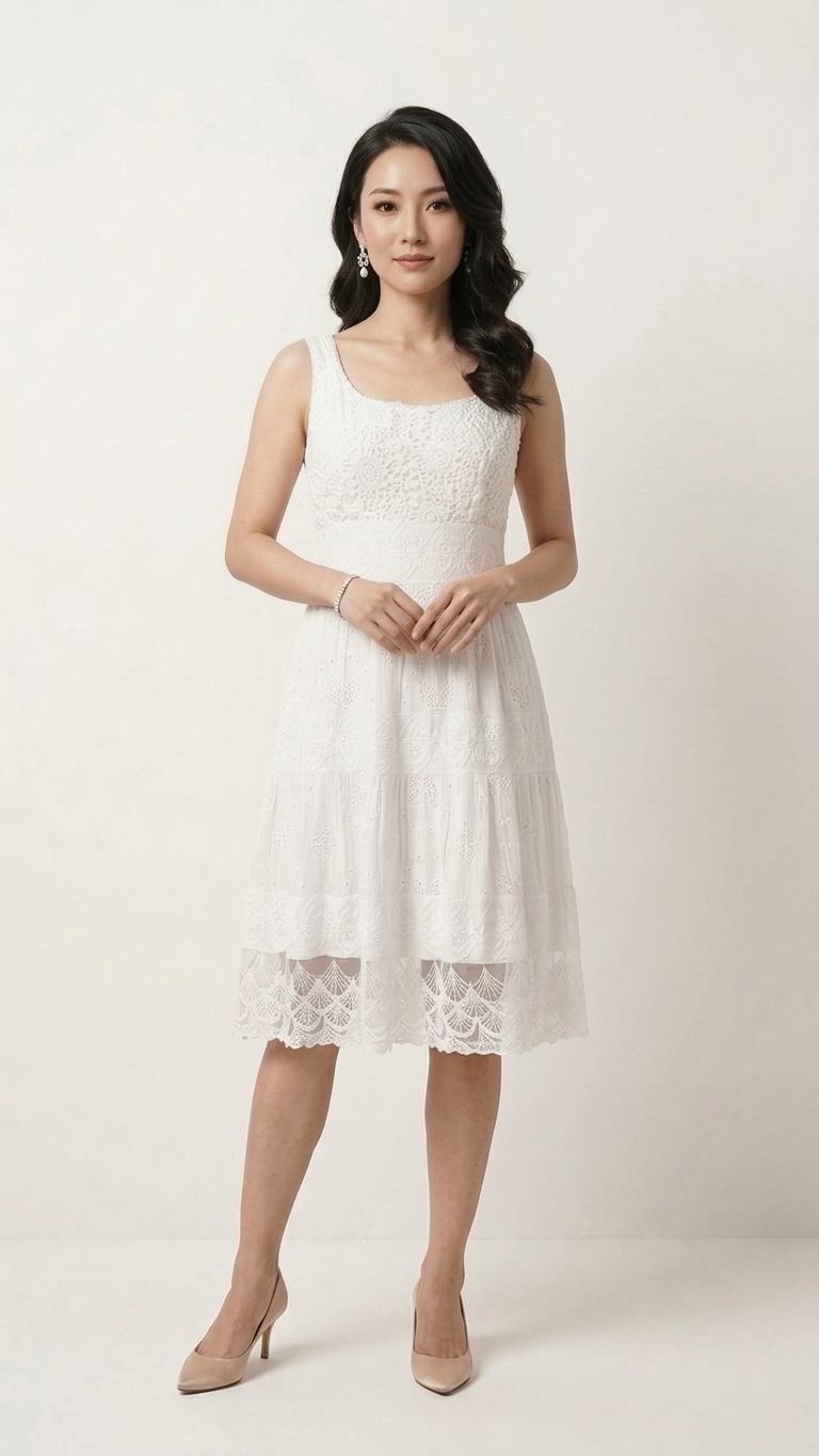 Creamish White Eyelet Lace Tiered Midi Dress — Viscose, One Size |