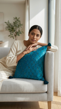 Teal Hand-Dyed Velvet Cushion Cover | Block Print & Hand Embroidery with Tube Beads & Corner Tassels | 18x18