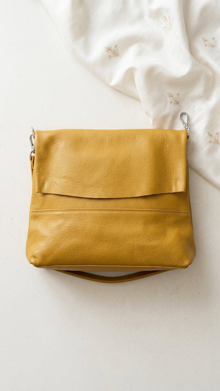 Mustard Genuine Leather Shoulder Bag | Made in Italy | Foldover Flap | 15" x 9"