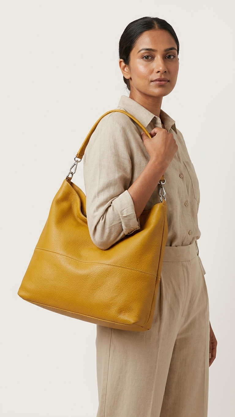 Mustard Genuine Leather Shoulder Bag | Made in Italy | Foldover Flap | 15" x 9"