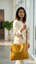 Mustard Genuine Leather Shoulder Bag | Made in Italy | Foldover Flap | 15" x 9"