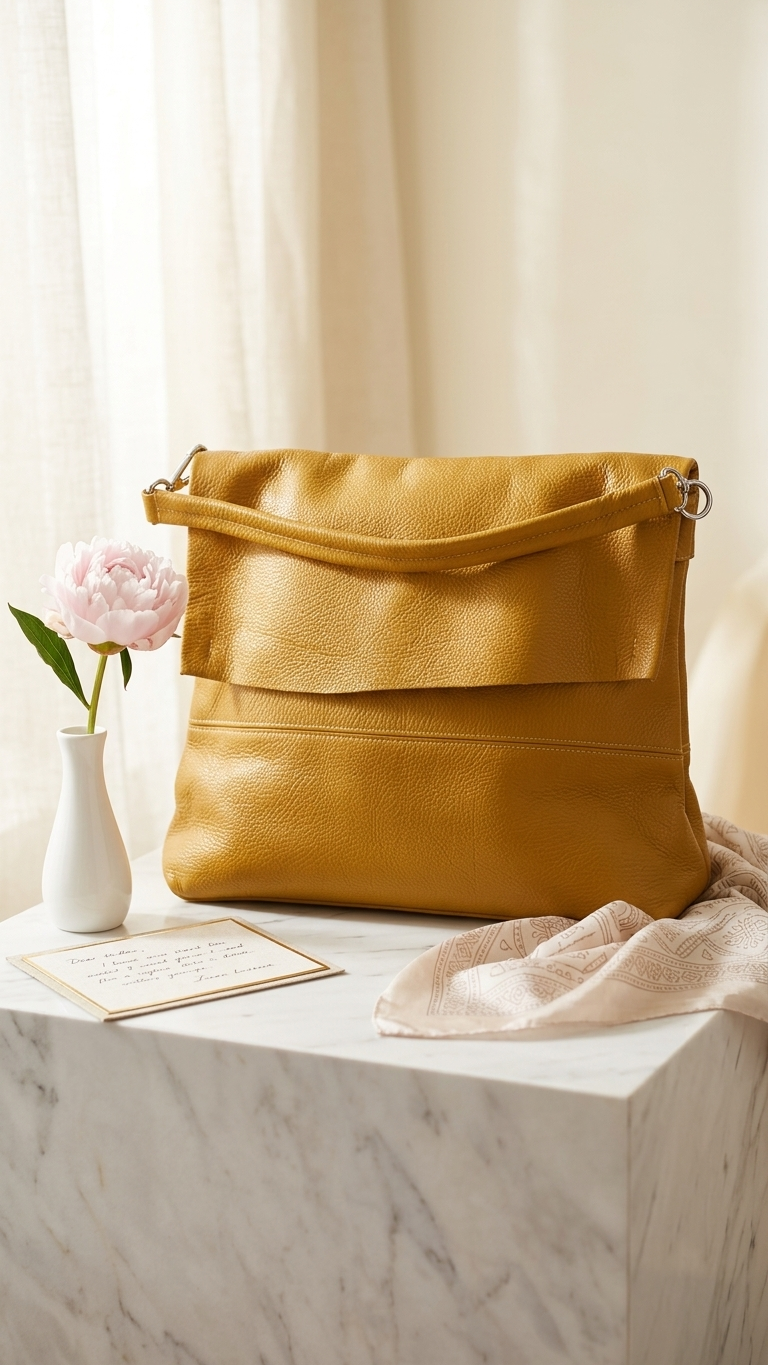 Mustard Genuine Leather Shoulder Bag | Made in Italy | Foldover Flap | 15" x 9"