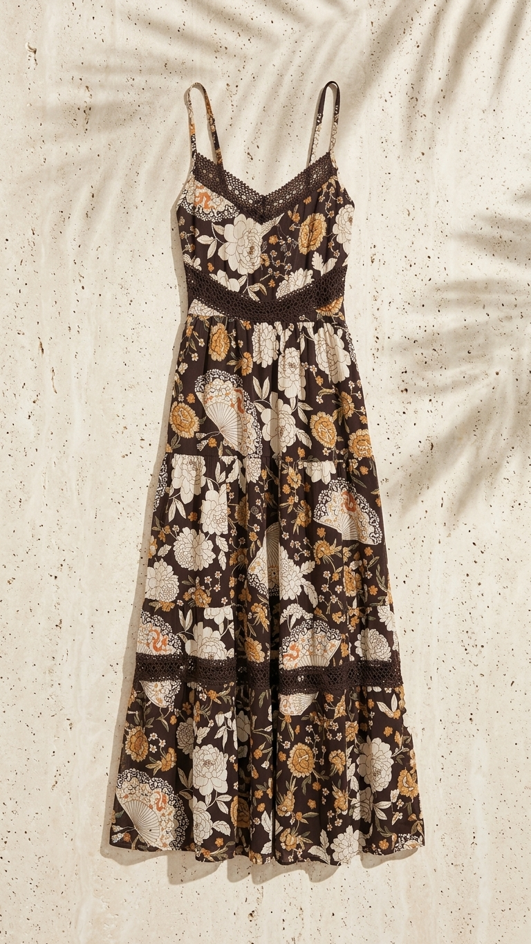 Dark Floral Tiered Maxi Dress, Crochet Lace Trim |