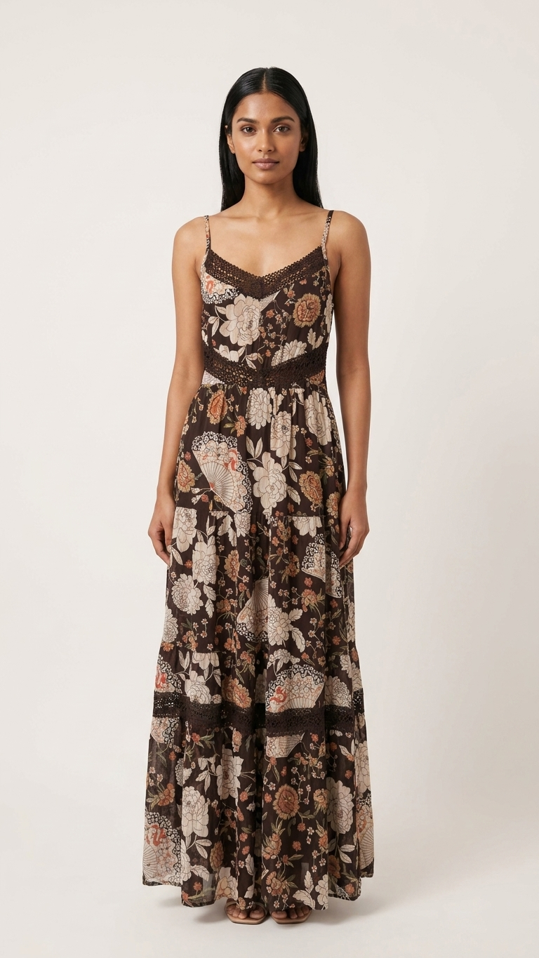 Dark Floral Tiered Maxi Dress, Crochet Lace Trim |