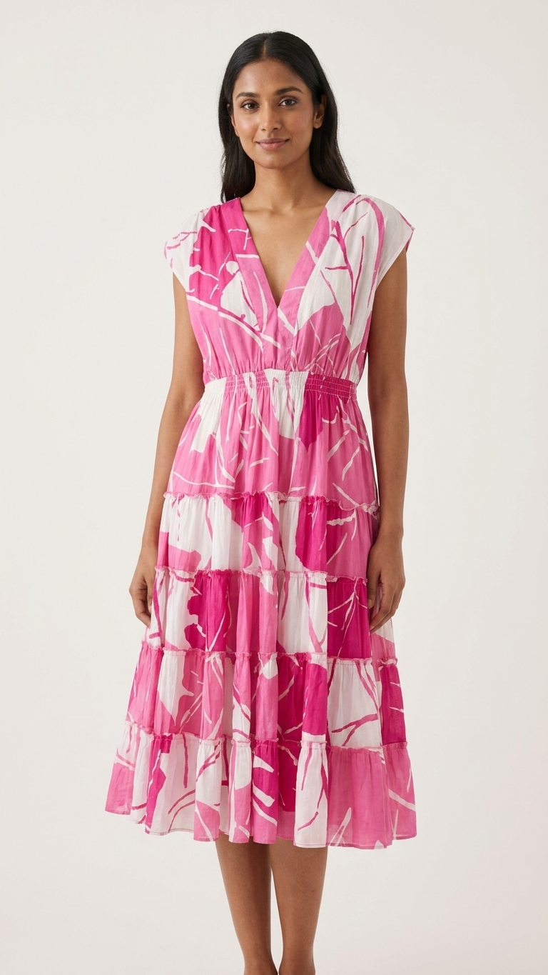 Woman wearing a pink and white floral dress on a light gray background
