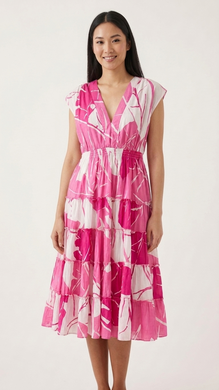 Woman wearing a pink and white patterned dress on a white background