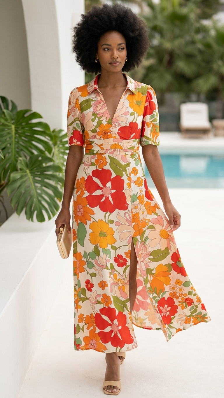 Woman wearing a floral dress by a poolside with greenery in the background