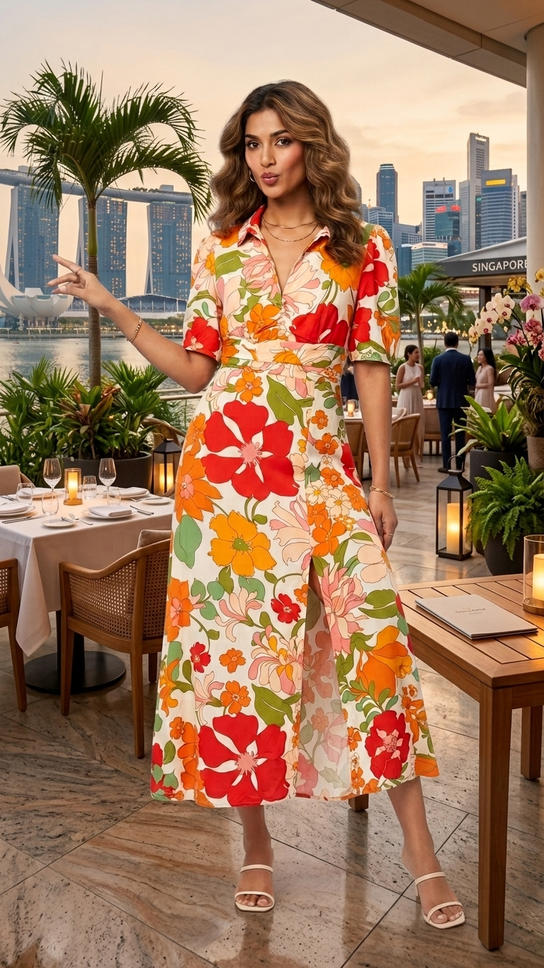 Woman in a colorful floral dress standing in an outdoor dining area with a city skyline in the background.