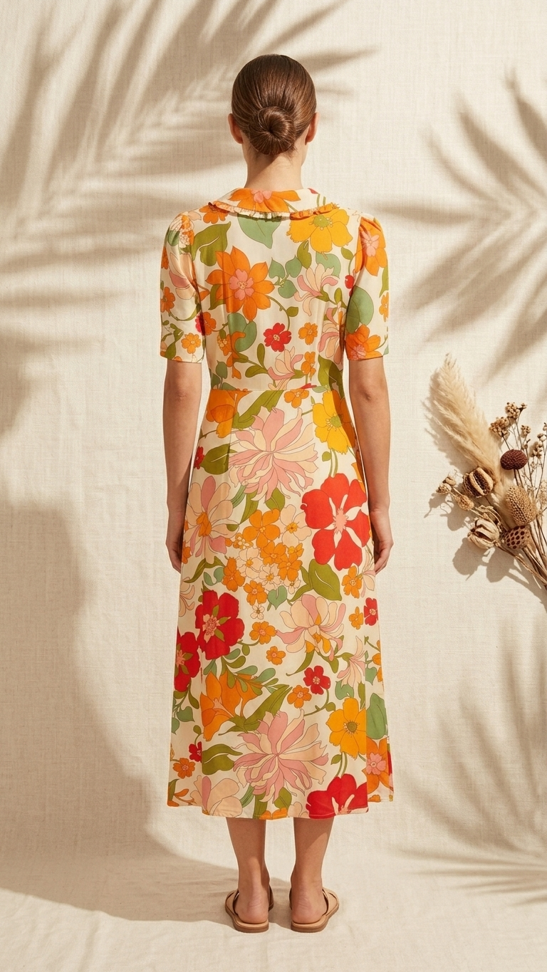 Woman wearing a floral dress standing against a neutral background