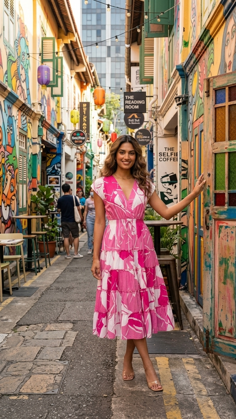 Woman in a pink dress standing in a colorful alleyway with shops and signs.