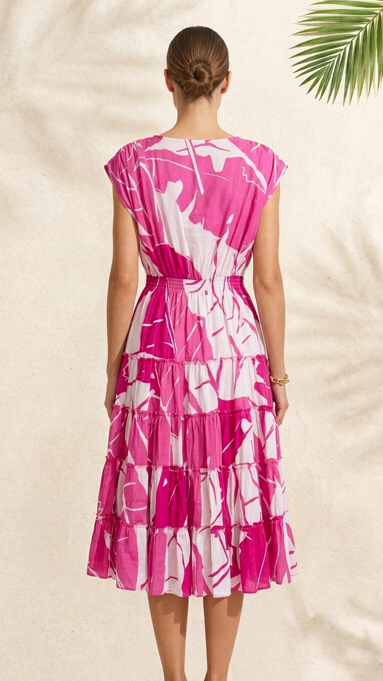 Pink Abstract Print Tiered Cotton Midi Dress, V-Neck