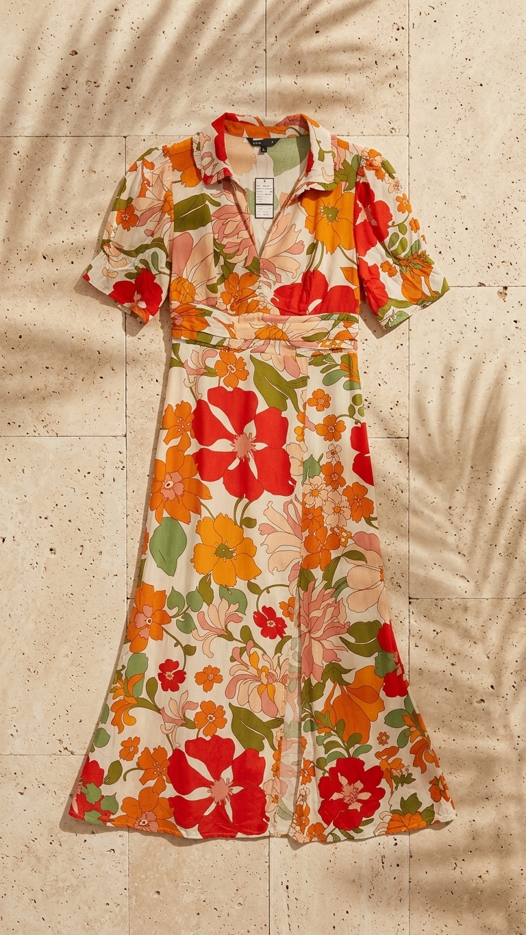 Floral dress with a colorful pattern on a textured beige background