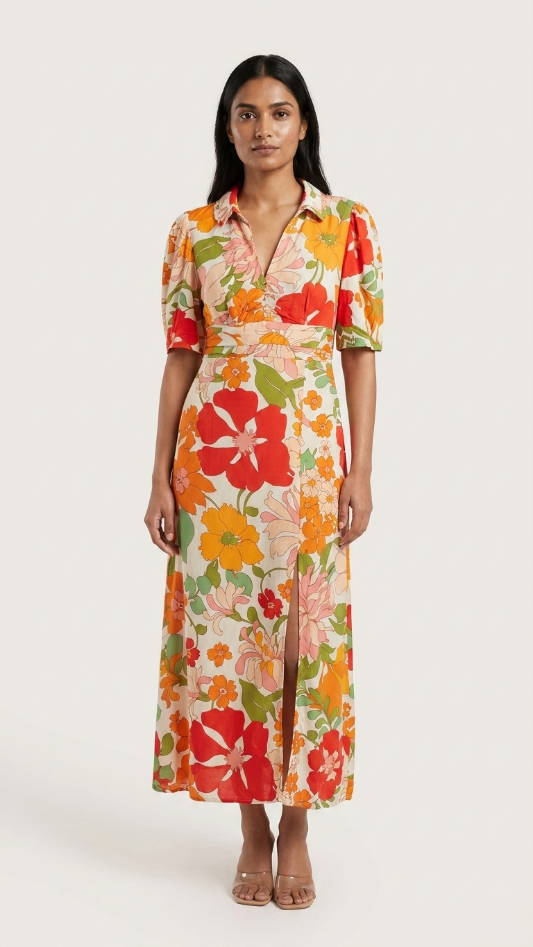 Woman wearing a colorful floral dress on a white background