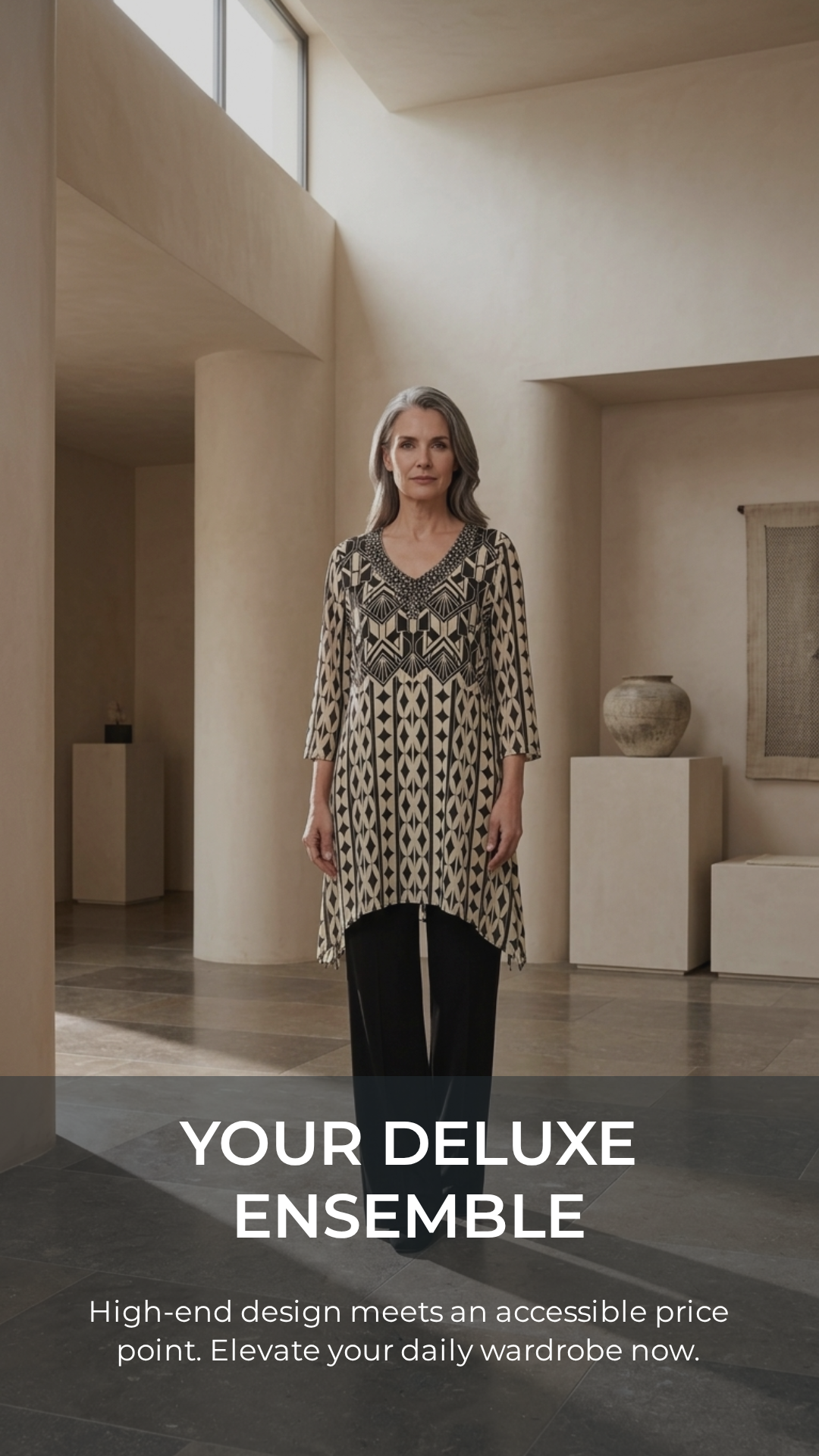 Black & Ivory Art Deco 2-Piece Set — Geometric Kurta & Cropped Pants