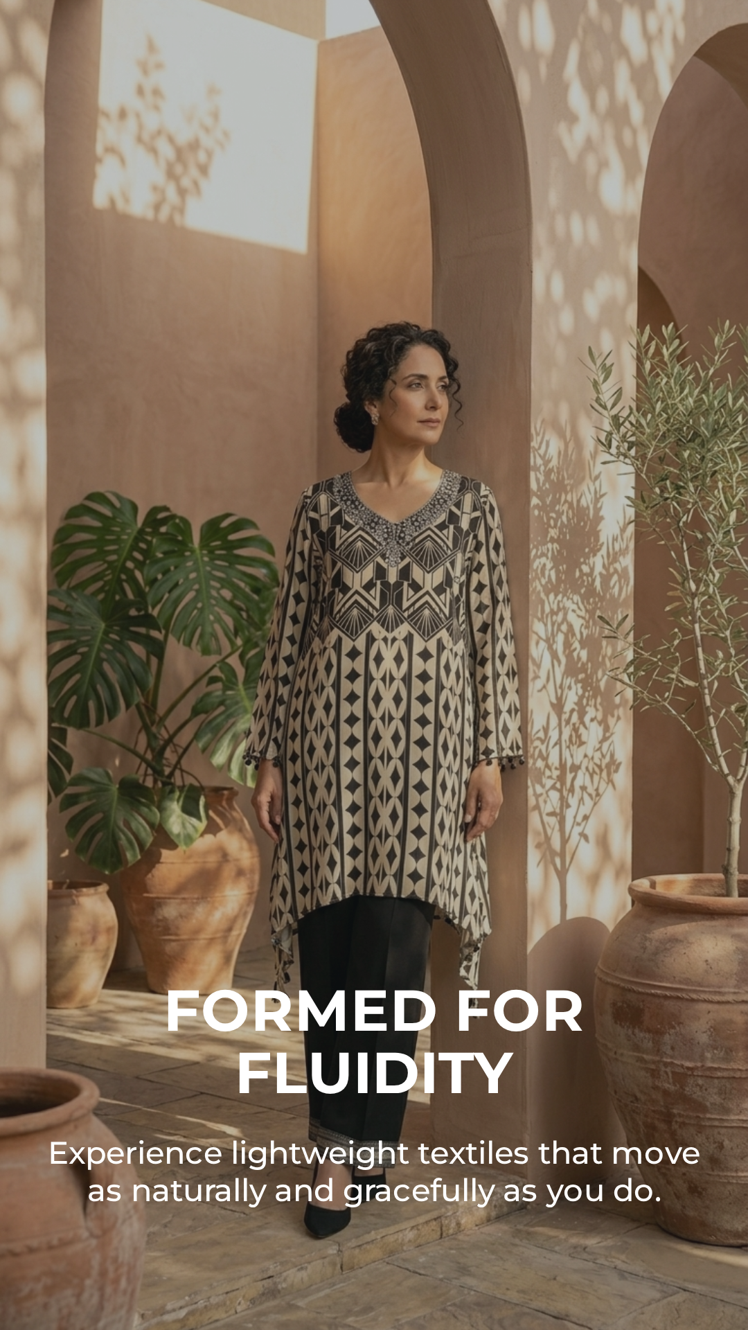 Black & Ivory Art Deco 2-Piece Set — Geometric Kurta & Cropped Pants