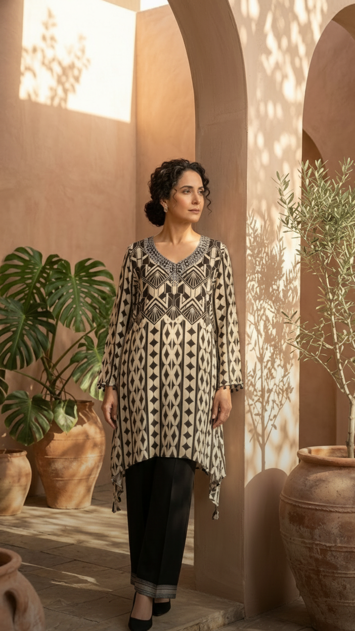 Black & Ivory Art Deco 2-Piece Set — Geometric Kurta & Cropped Pants