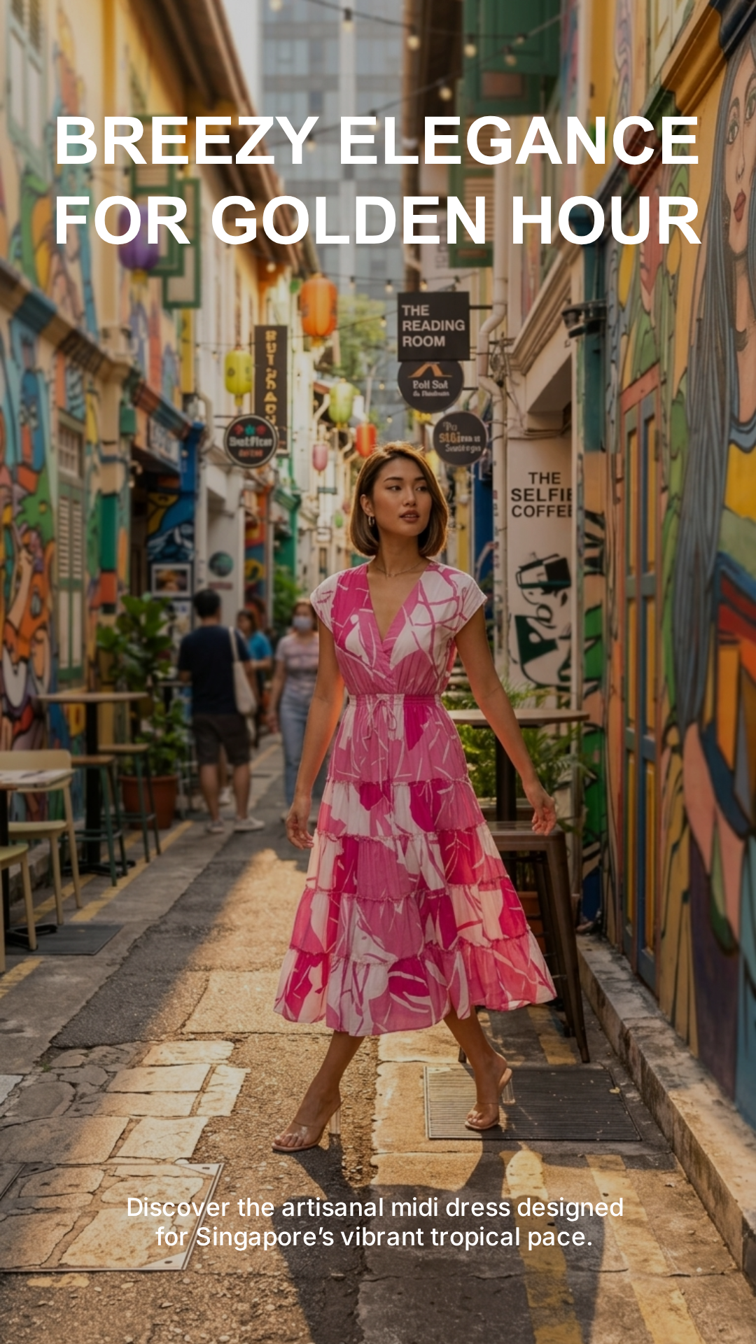 Pink Abstract Print Tiered Cotton Midi Dress, V-Neck