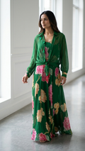 Emerald Floral 3-Piece Indo-Western Set — Organza Shirt & Sharara, Size XL
