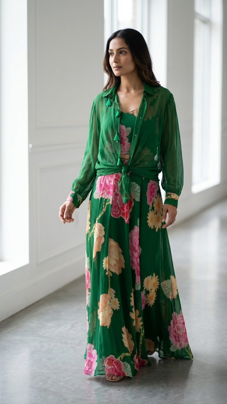 Emerald Floral 3-Piece Indo-Western Set — Organza Shirt & Sharara, Size XL