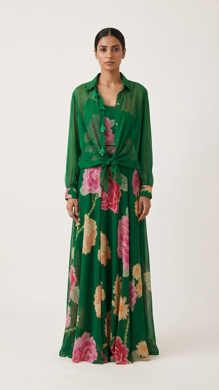 Emerald Floral 3-Piece Indo-Western Set — Organza Shirt & Sharara, Size XL