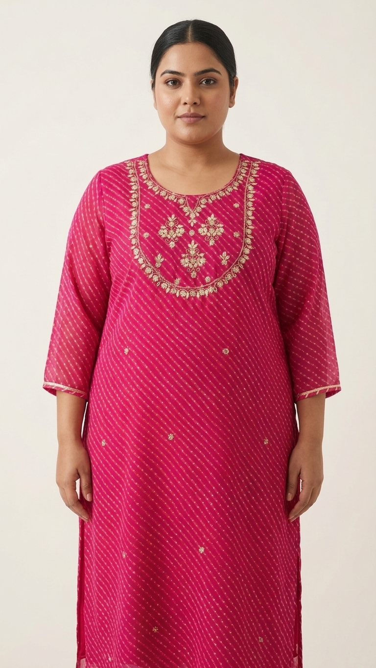 Deep fuchsia/hot pink base lehriya kurta - plus size