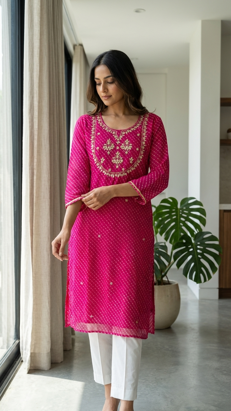 Deep fuchsia/hot pink base lehriya kurta - plus size