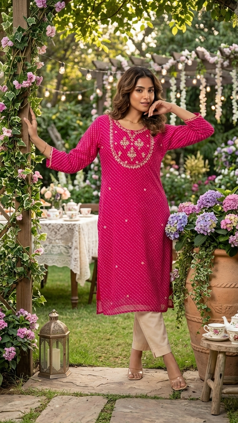 Deep fuchsia/hot pink base lehriya kurta - plus size