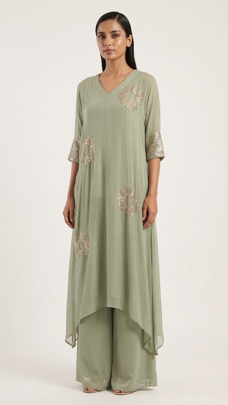 Sage Green Embellished Layered Kurta & Palazzo Set