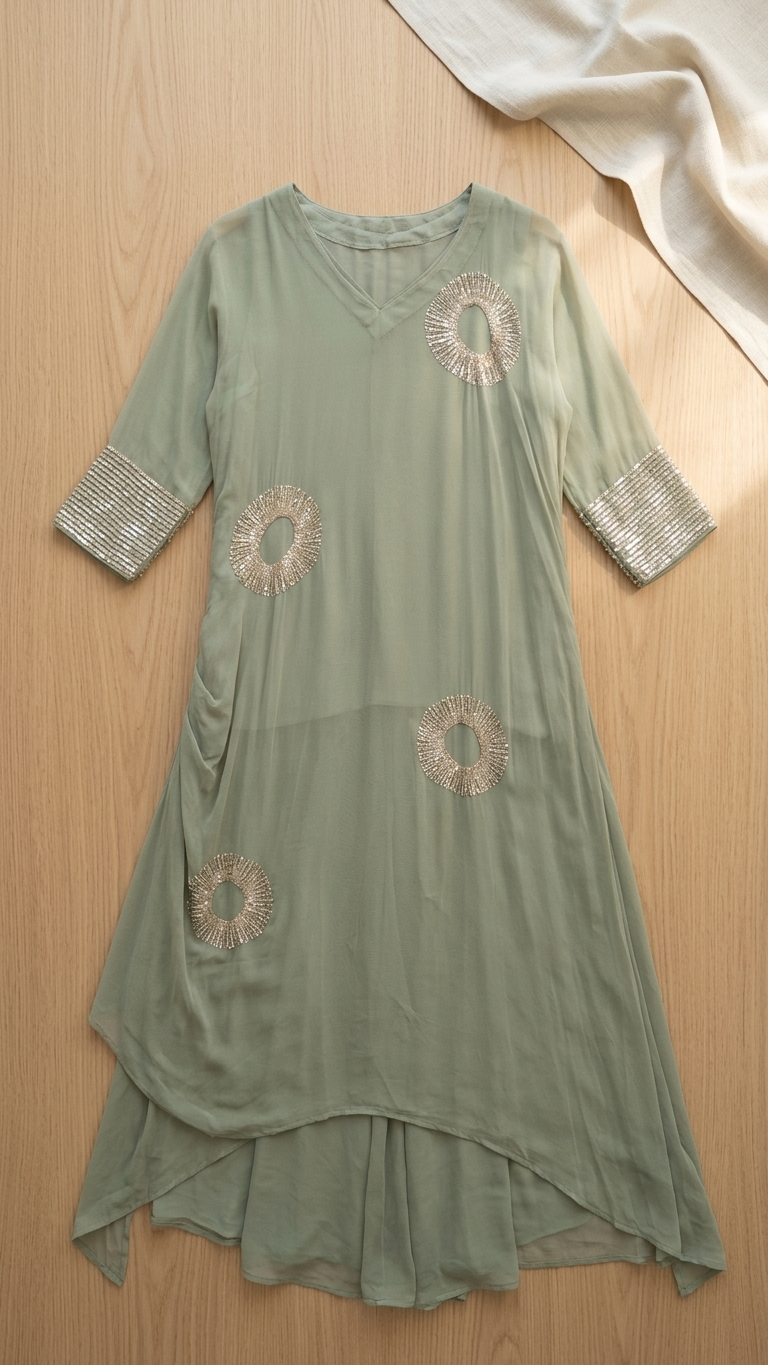 Sage Green Embellished Layered Kurta & Palazzo Set
