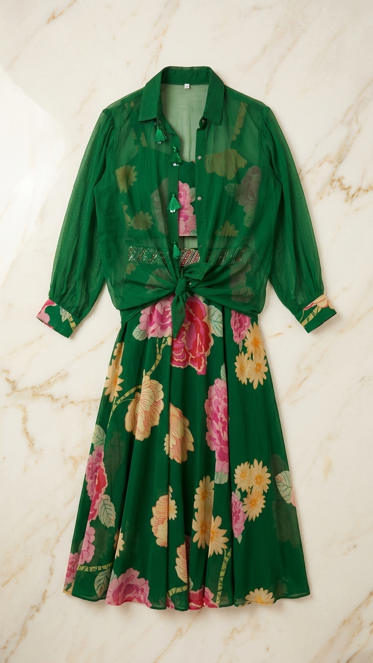Emerald Floral 3-Piece Indo-Western Set — Organza Shirt & Sharara, Size XL