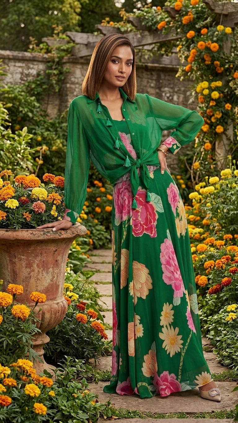 Emerald Floral 3-Piece Indo-Western Set — Organza Shirt & Sharara, Size XL