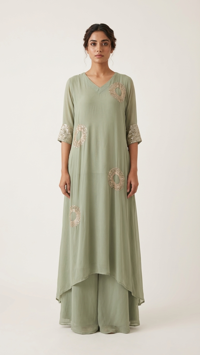 Sage Green Embellished Layered Kurta & Palazzo Set